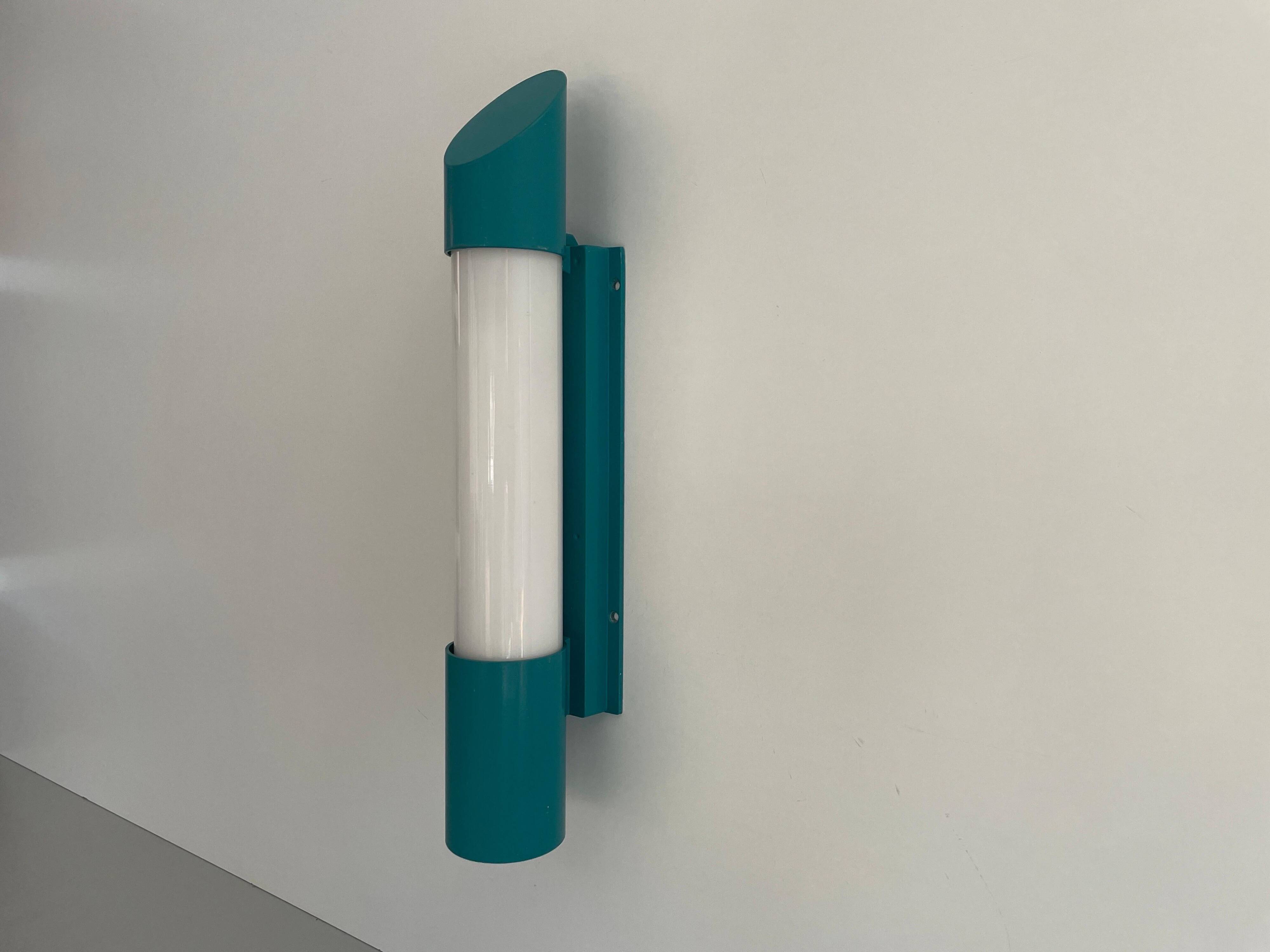 Simple cylindrical wall light in opal glass and turquoise metal, 1970s, Germany