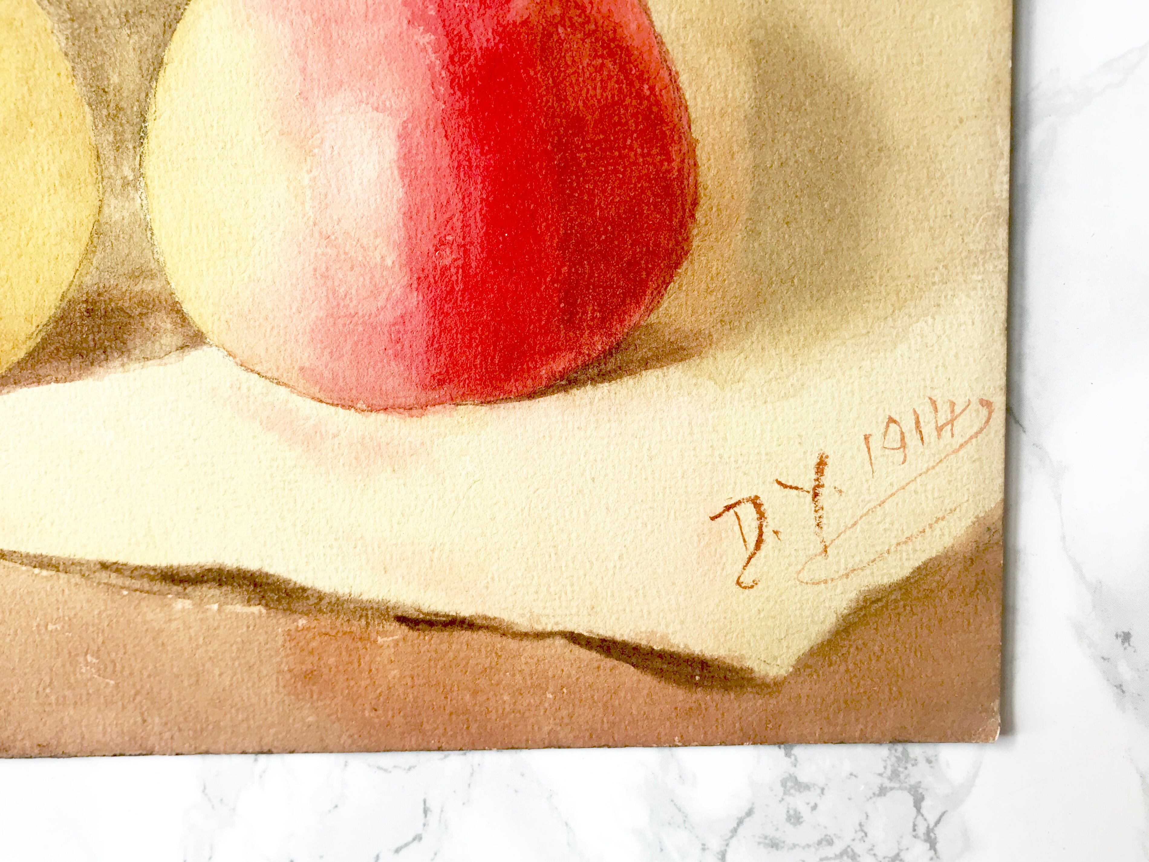 Ancient pochade on cardboard depicting a still life with apples