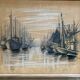 Old gouache broutin urk fishing boats + wooden frame #b545