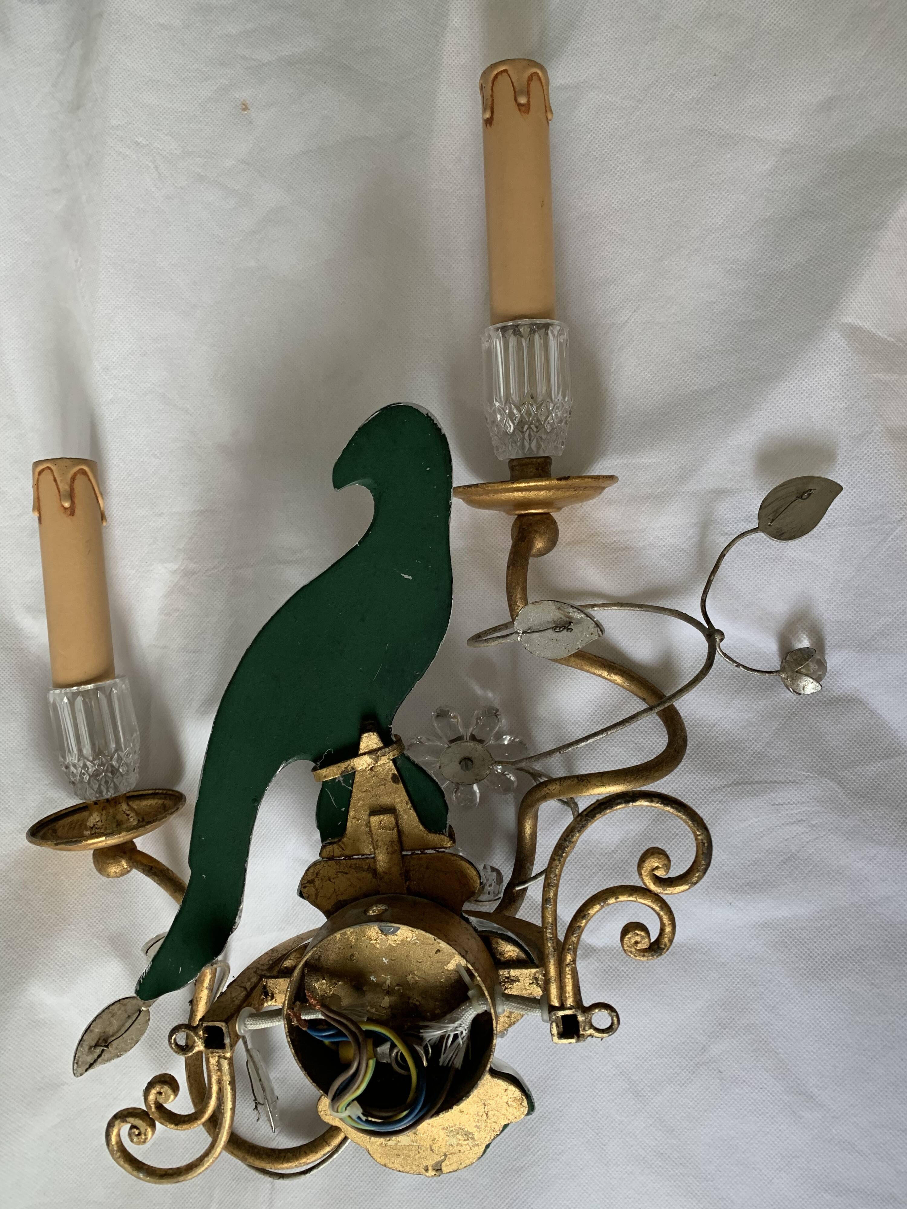 Pair of parrot crystal or parakeet wall sconces Maison Baguès 1950