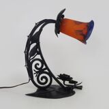 Art Deco Noverdy tulip lamp with black wrought iron base. 1930s