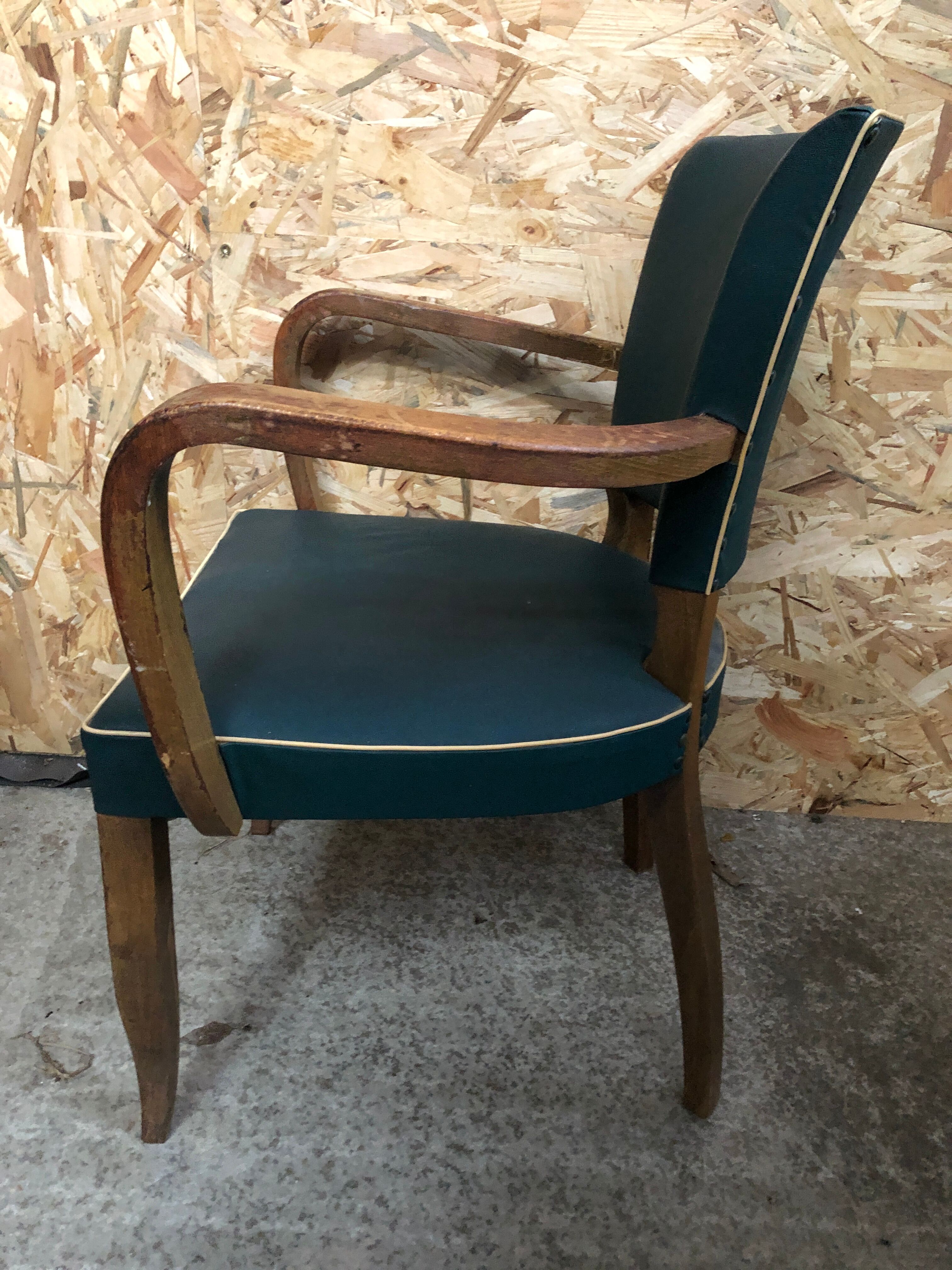 Old wooden bridge armchair + seat & back skaï vintage green