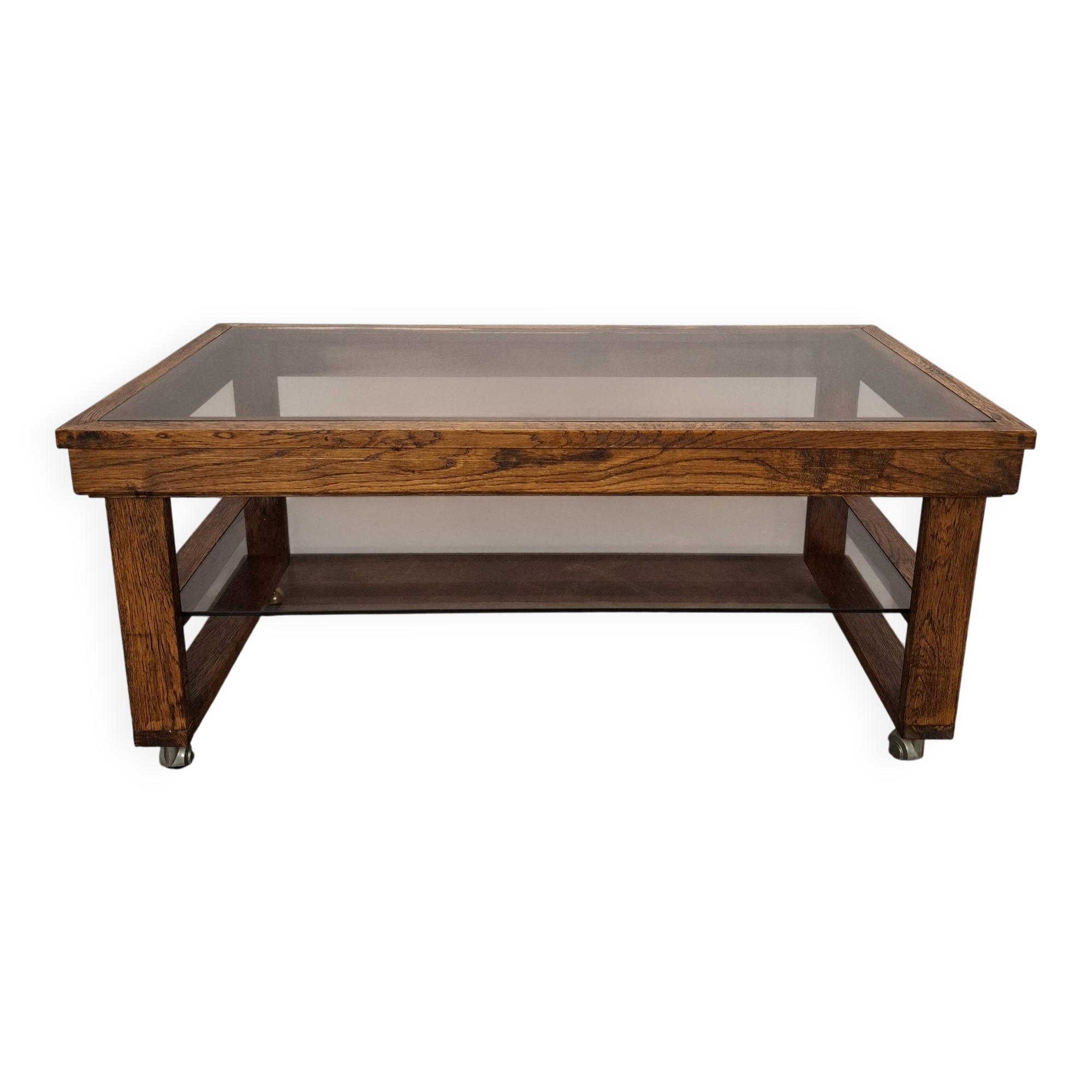 Mid-Century Smoked Glass and Wood Coffee Table on Wheels, Czechoslovakia