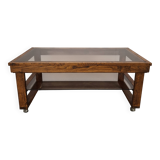 Mid-Century Smoked Glass and Wood Coffee Table on Wheels, Czechoslovakia