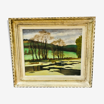 Landscape lake painting 50s