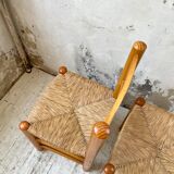 Pair of straw and pine chairs, mountain furniture