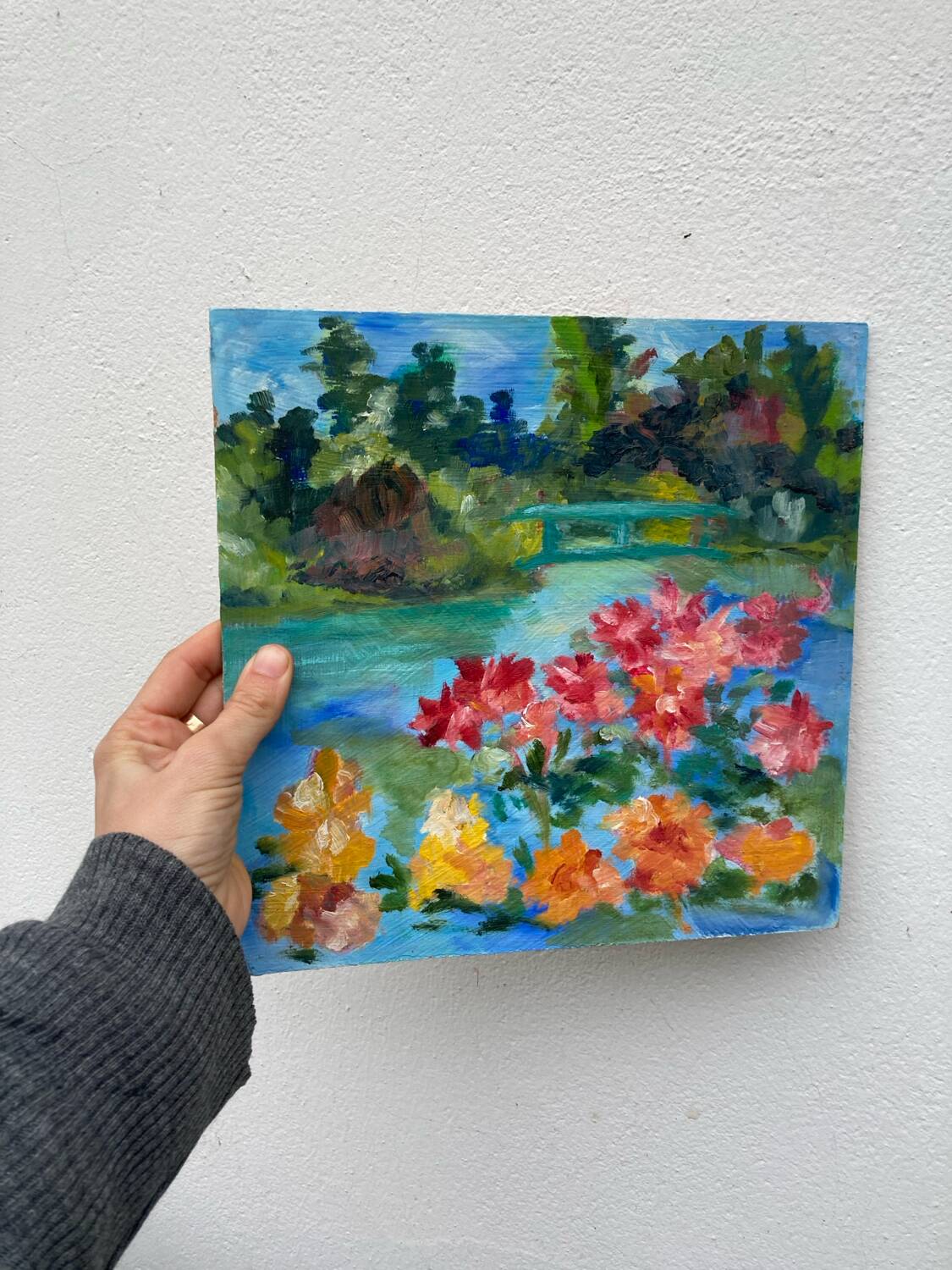 Old oil painting / landscape painting and flowers