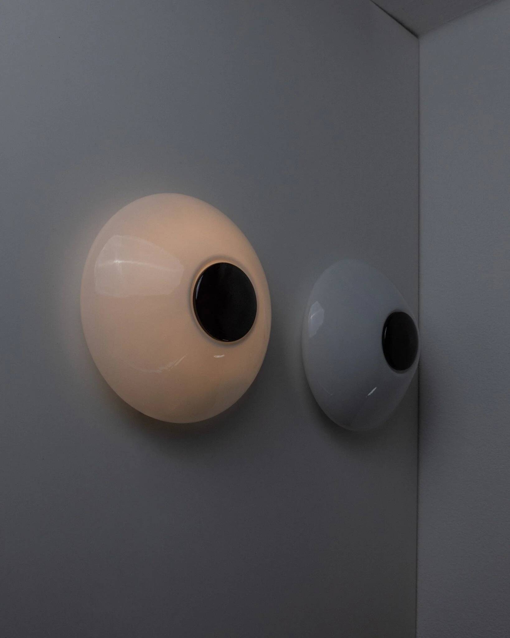 2 Vintage Murano Glass Lamps - White Opaline with Black Inset, Wall/Ceiling, 1980s Memphis Design