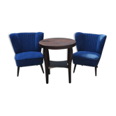 Paire de chaises cocktail bleues en tissu et bois, années 1950 Mid-Century