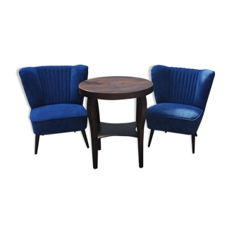 Pair of blue fabric and wood cocktail chairs, 1950s Mid-Century.