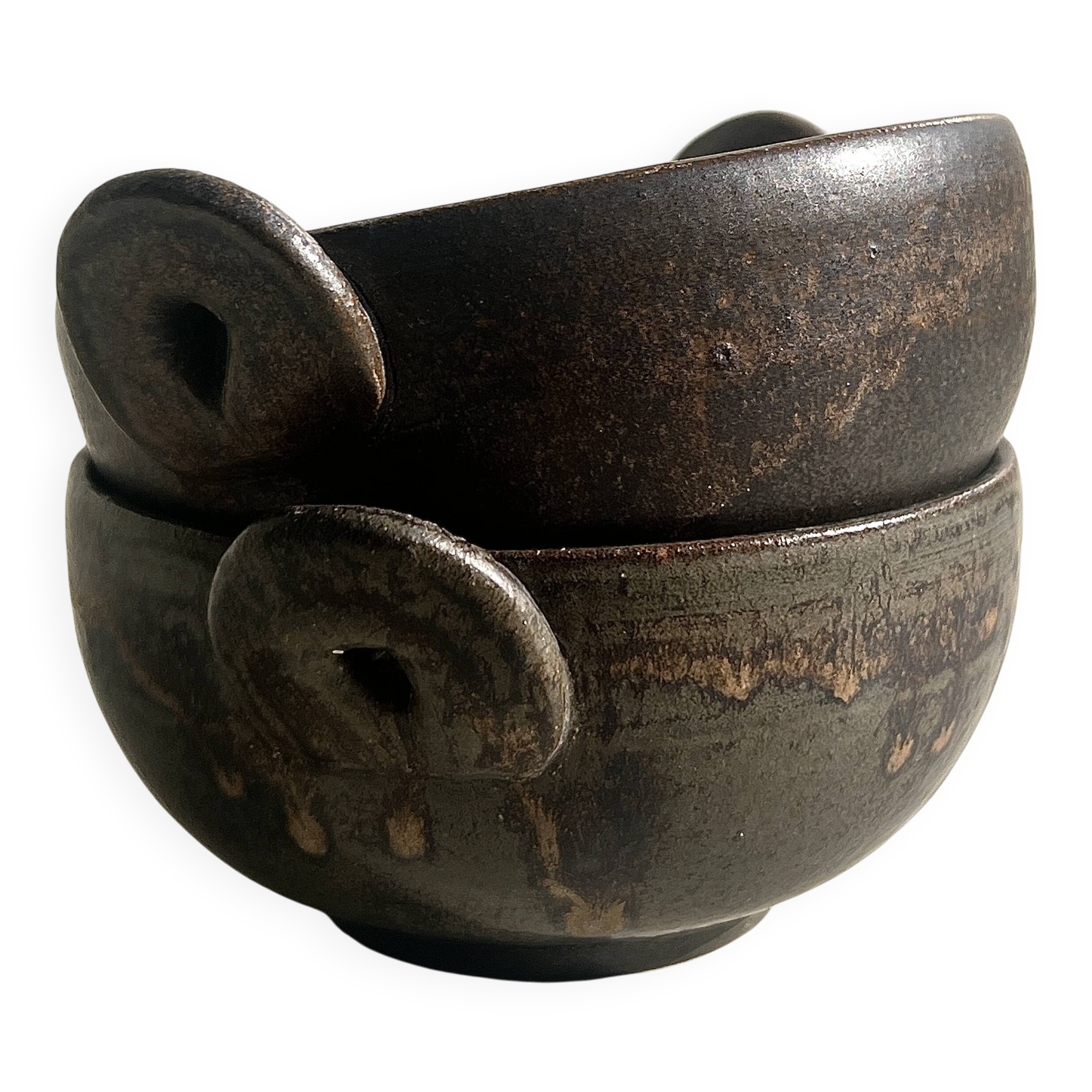 Pair of 2 handmade stoneware bowls, 20th century