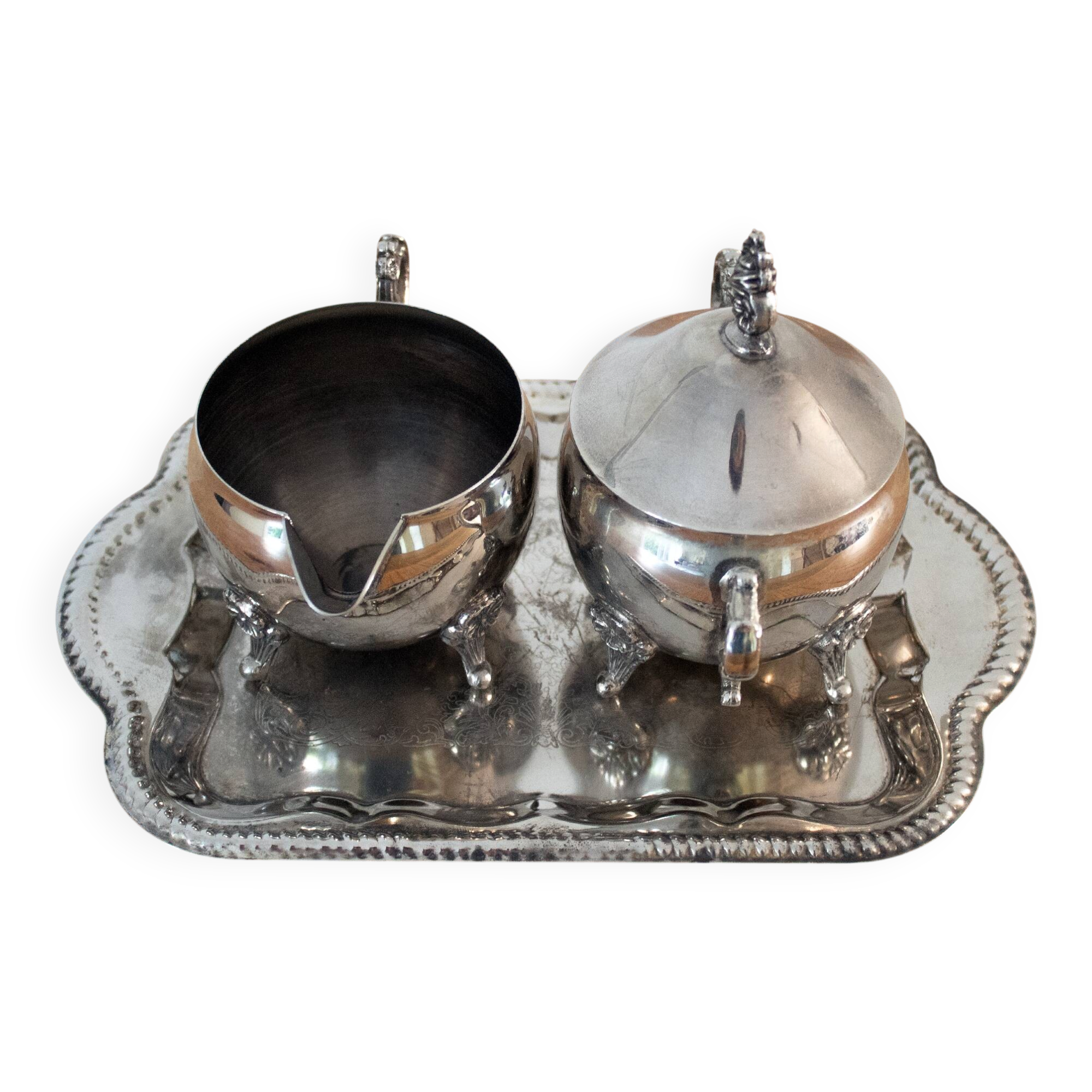 Antique Silver Plated Sugar Bowl & Creamer Set on Tray: Old Tableware