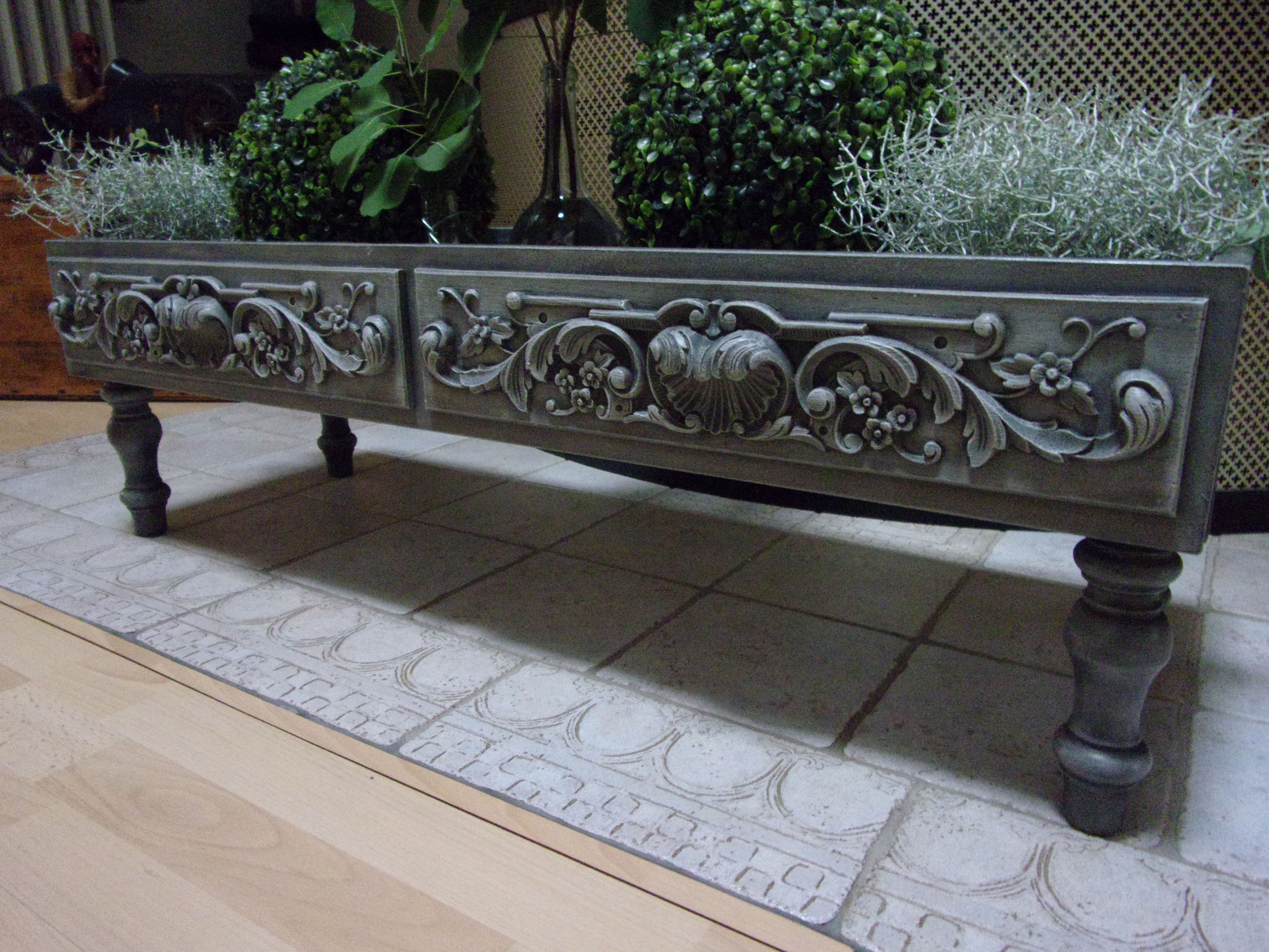 Large baroque style interior planter in gray patinated wood