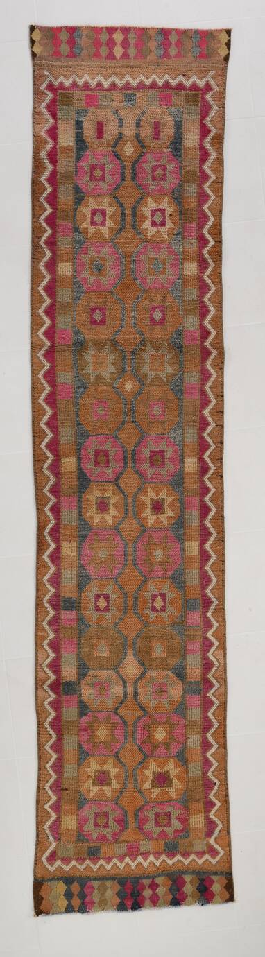 Pink Brown Modern Oushak Runner Rug, 75x352Cm
