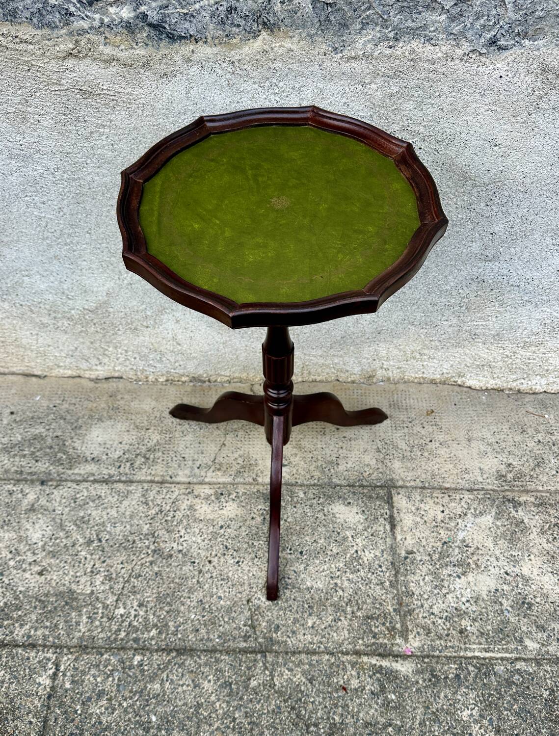 Small antique wooden and leather pedestal table, vintage wine side table