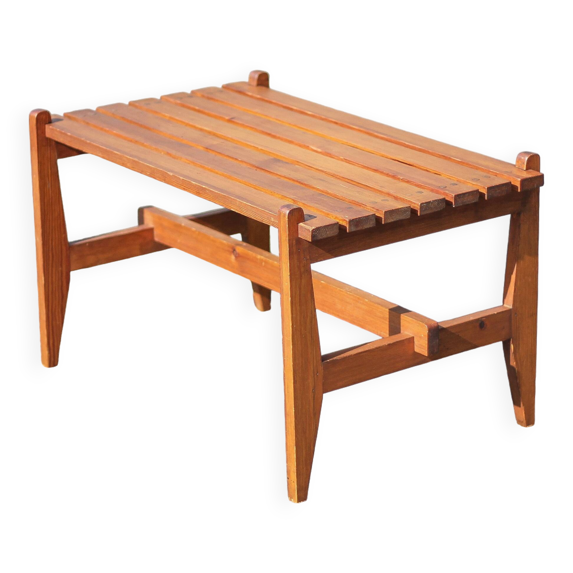 Small bench or table with vintage Scandinavian style wooden slats, wooden bench, wooden coffee table,