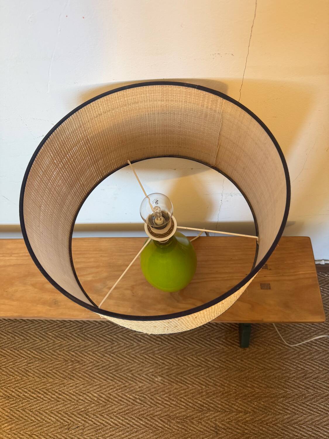 Vintage green glazed ceramic lamp and cane shade