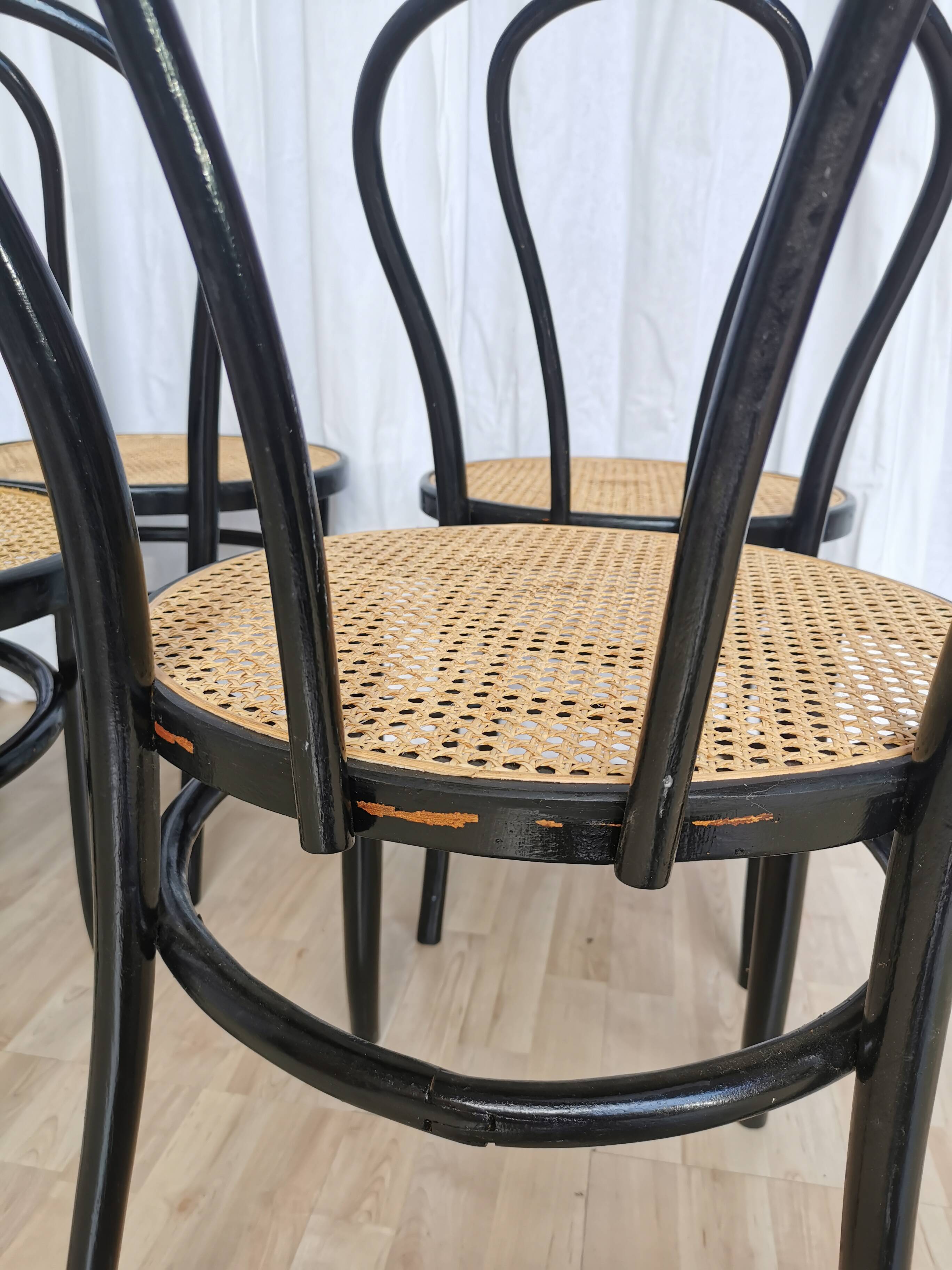 Set of 6 Vintage Thonet Style Dining Chairs: Black Bentwood Cane Seat