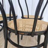 Set of 6 Vintage Thonet Style Dining Chairs: Black Bentwood Cane Seat
