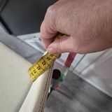 vintage chair wooden frame compass foot with metal on the front backrest and ecru leather seat