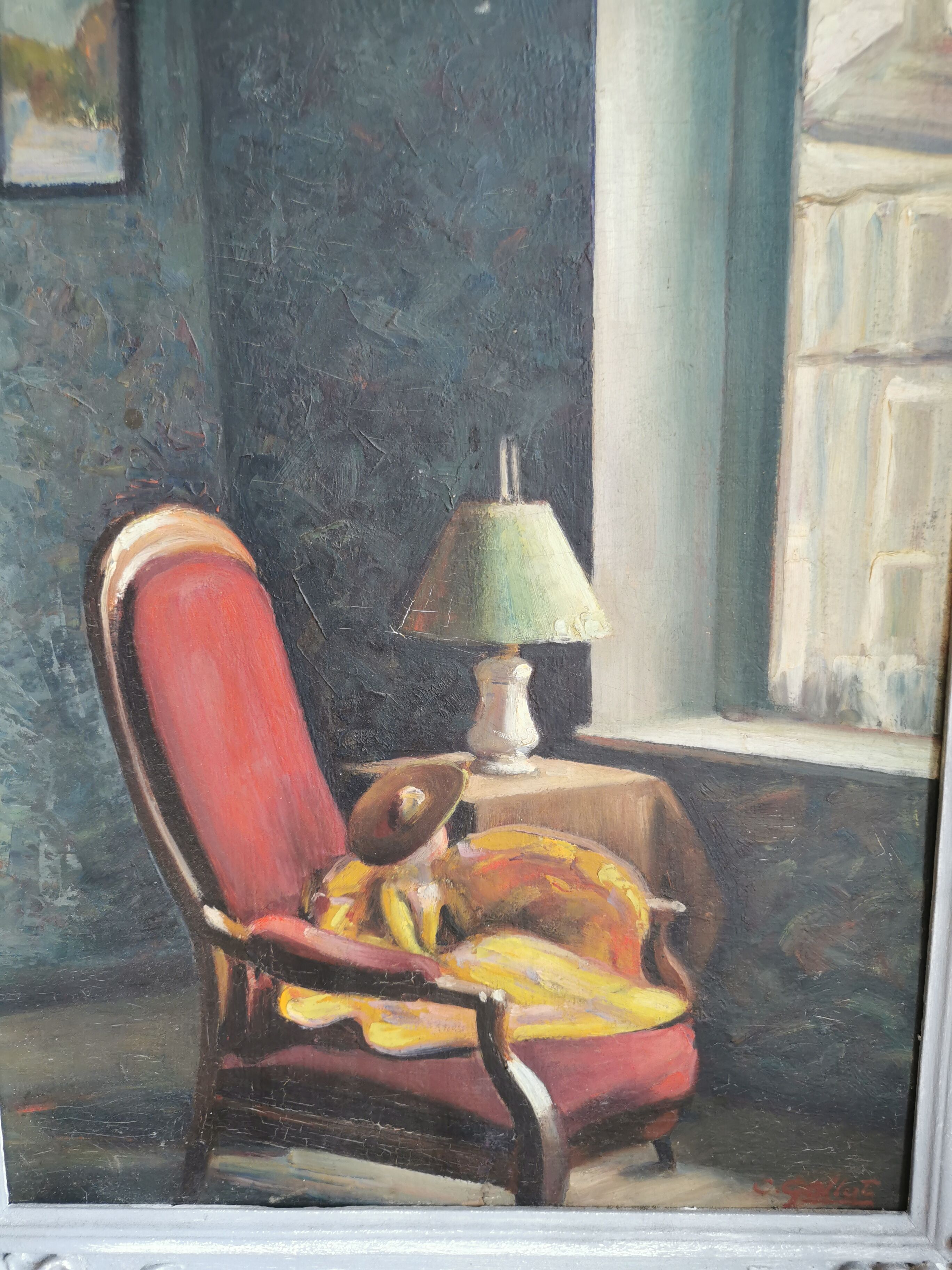 Painting interior scene, oil on plywood, early twentieth.