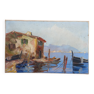 Painting of a Mediterranean fishing port.