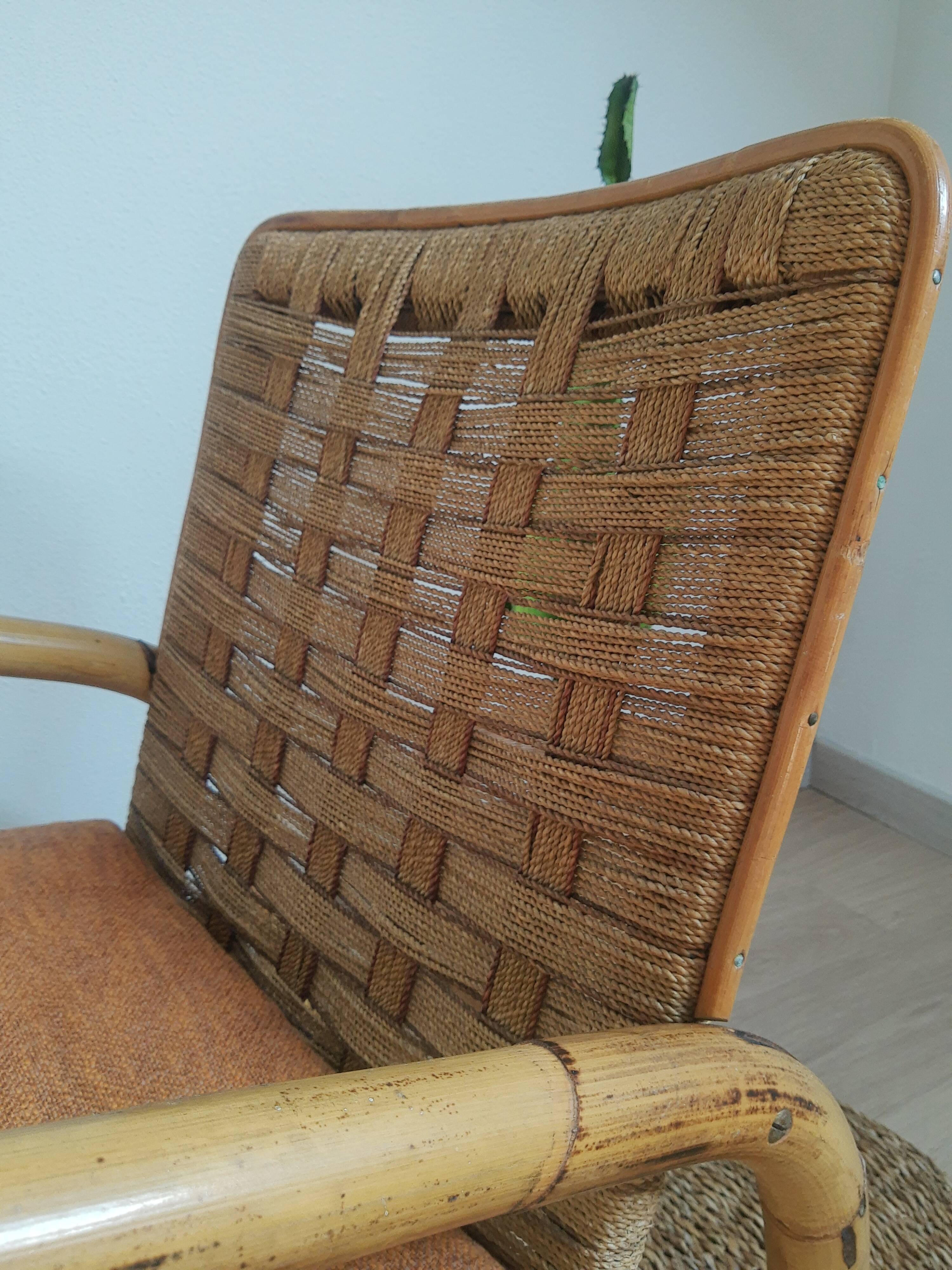 Vintage rattan and braided rope armchair