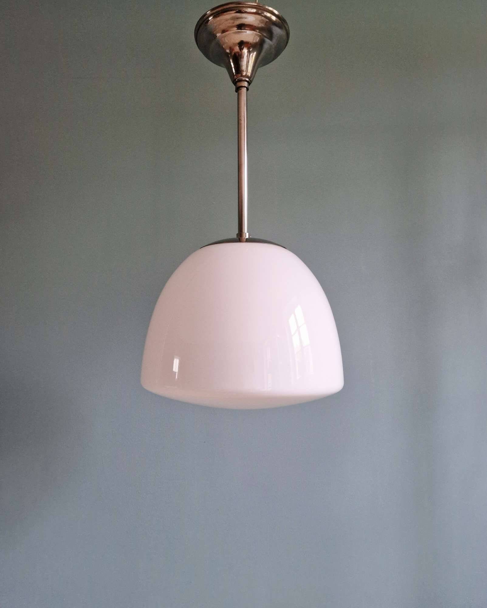 Art Deco pendant light in white opaline glass with chrome frame, 1920-30