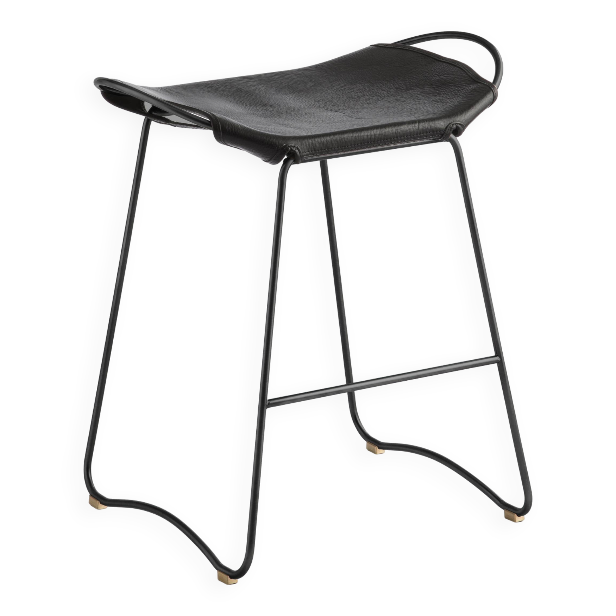 Contemporary Kitchen Counter Bar Stool Black Smoke Steel & Black Leather
