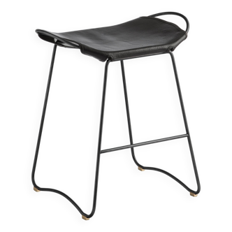 Contemporary Kitchen Counter Bar Stool Black Smoke Steel & Black Leather
