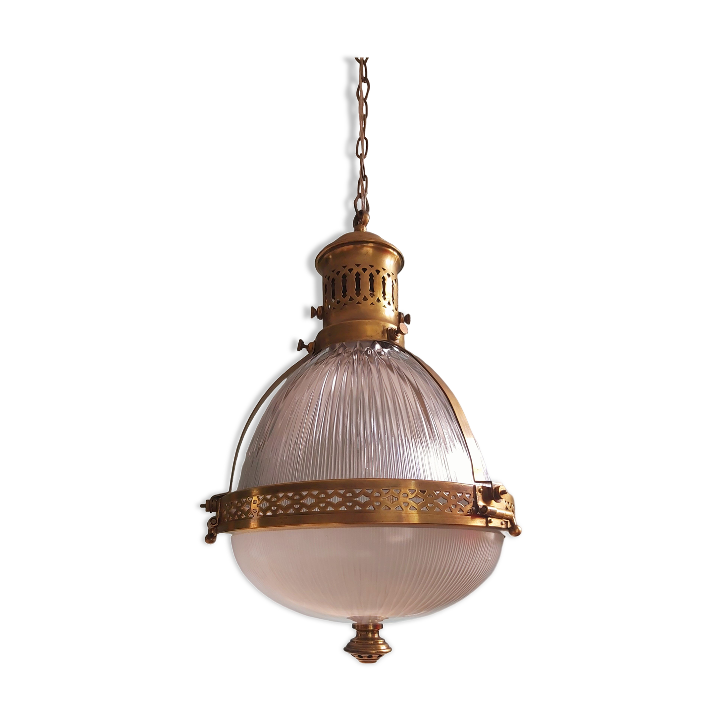 Holophane pendant lamp in prismatic glass and brass, 1920s-30s