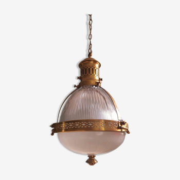 Holophane pendant lamp in prismatic glass and brass, 1920s-30s