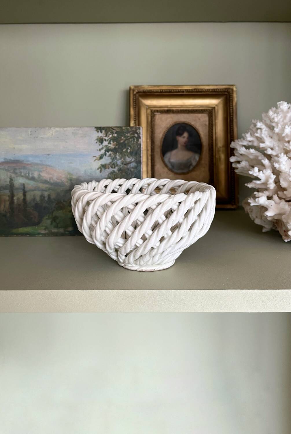 Small vintage white woven ceramic basket