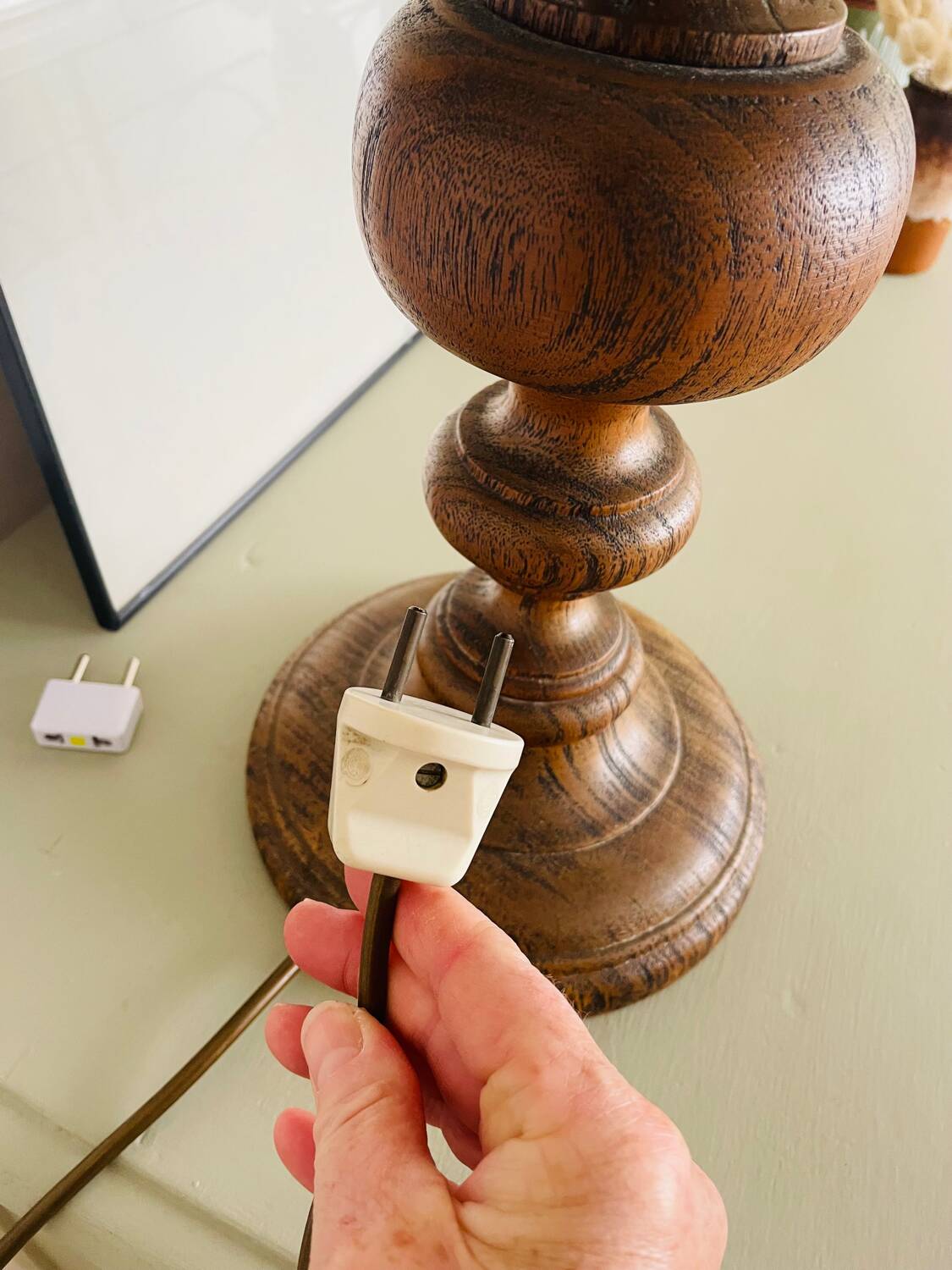 Large vintage lamp with turned wooden base, wool and rope striped lampshade