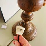 Large vintage lamp with turned wooden base, wool and rope striped lampshade