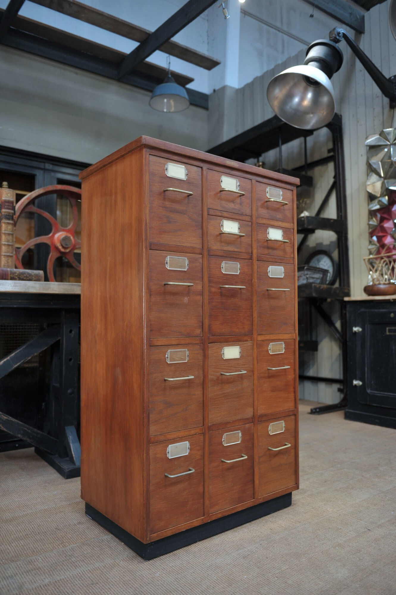 Office furniture has oak drawers 1950 brass handles and label holders