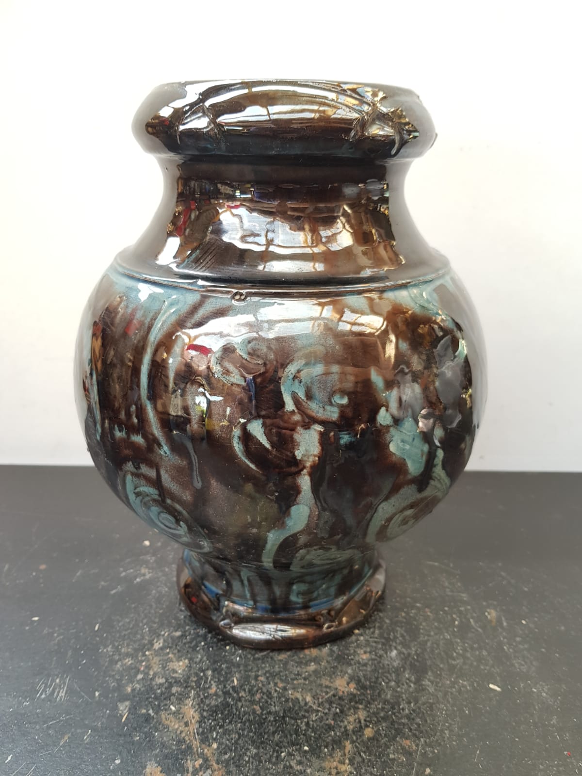 Old Vintage Glossy Varnished Brown & Blue Ceramic Vase