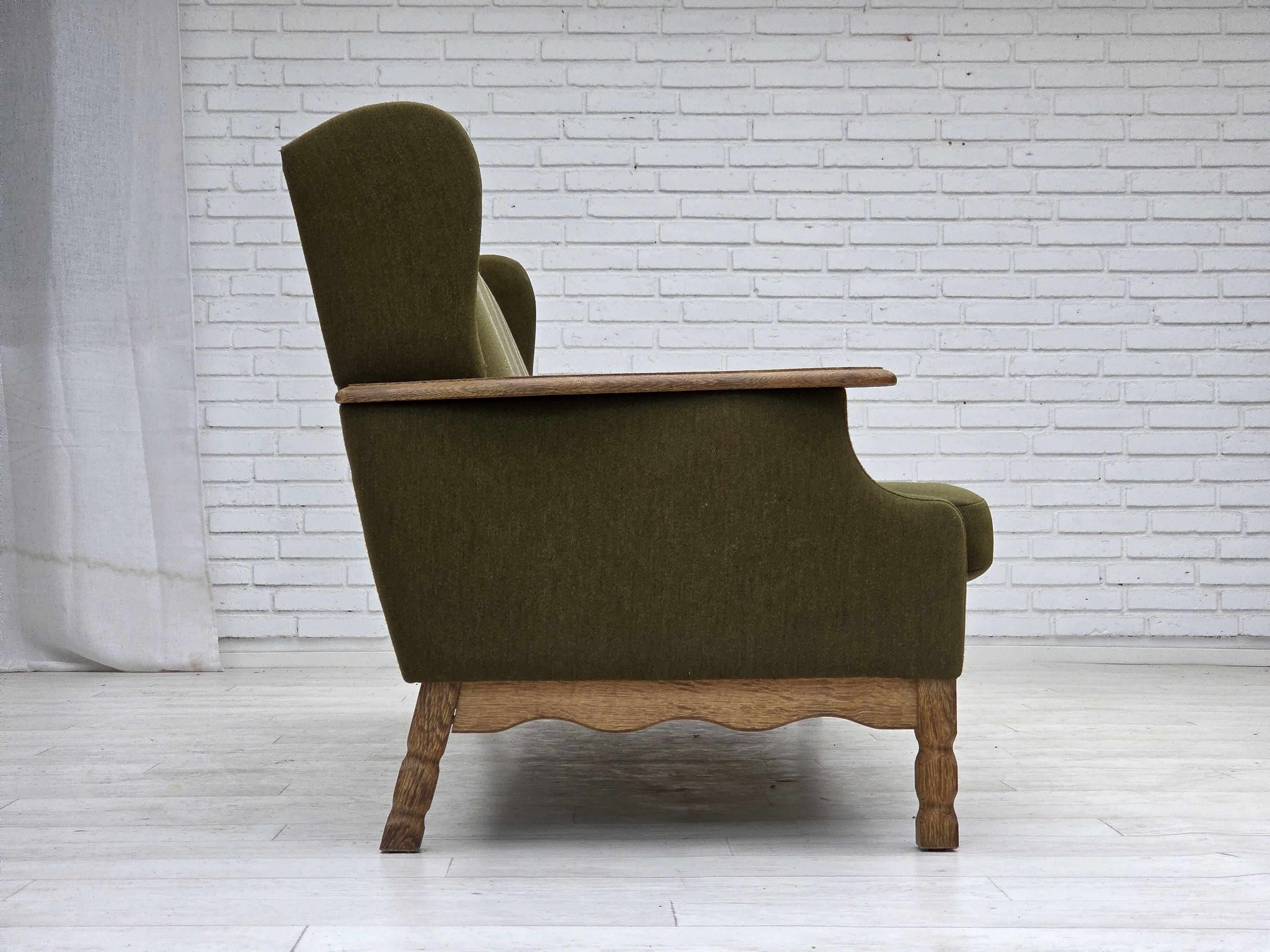 1970s, Danish 3-seater sofa, furniture wool, solid oak wood.