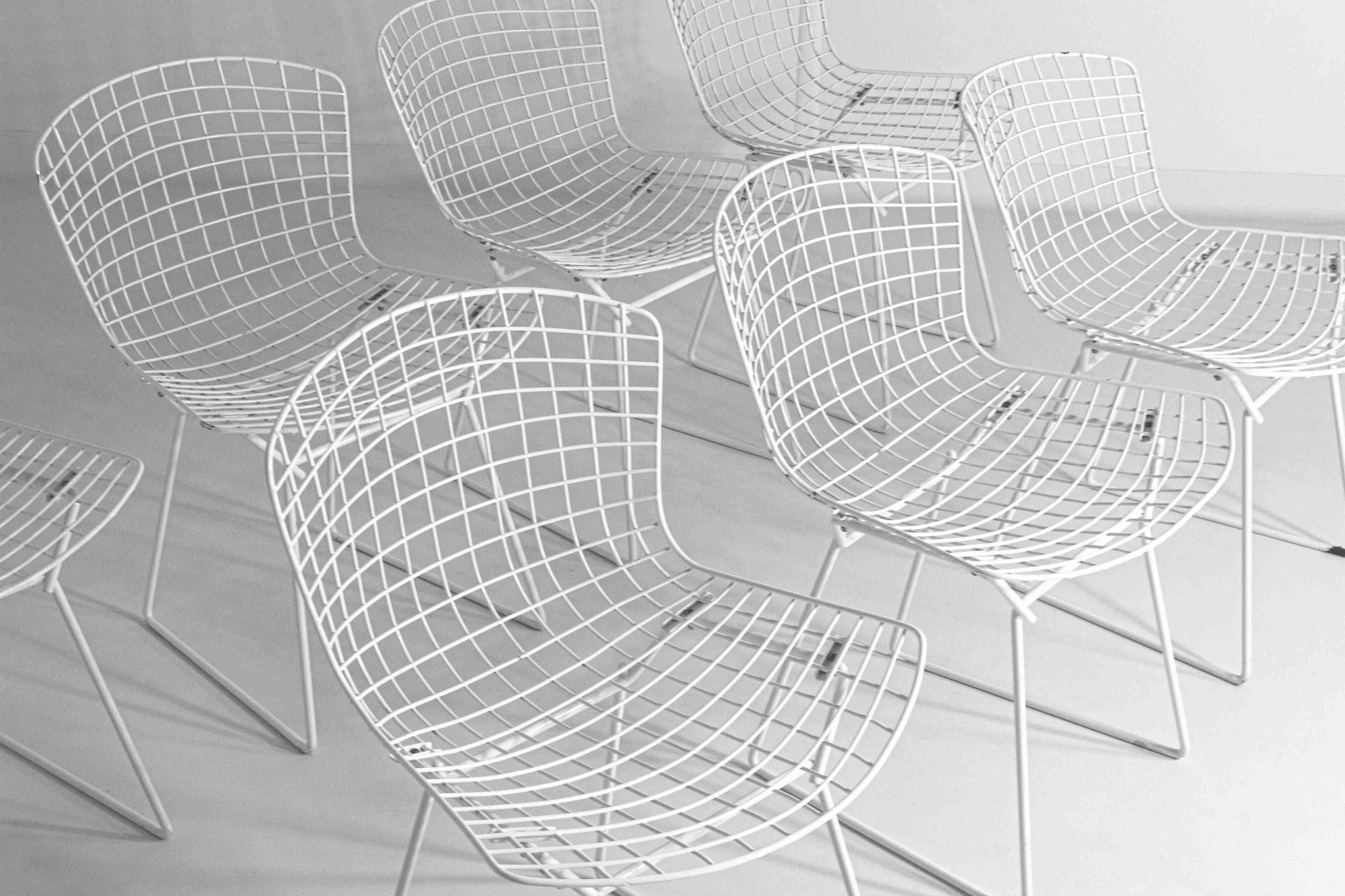 Set of 7 white coated wire chairs by Harry Bertoia for Knoll, 1970s
