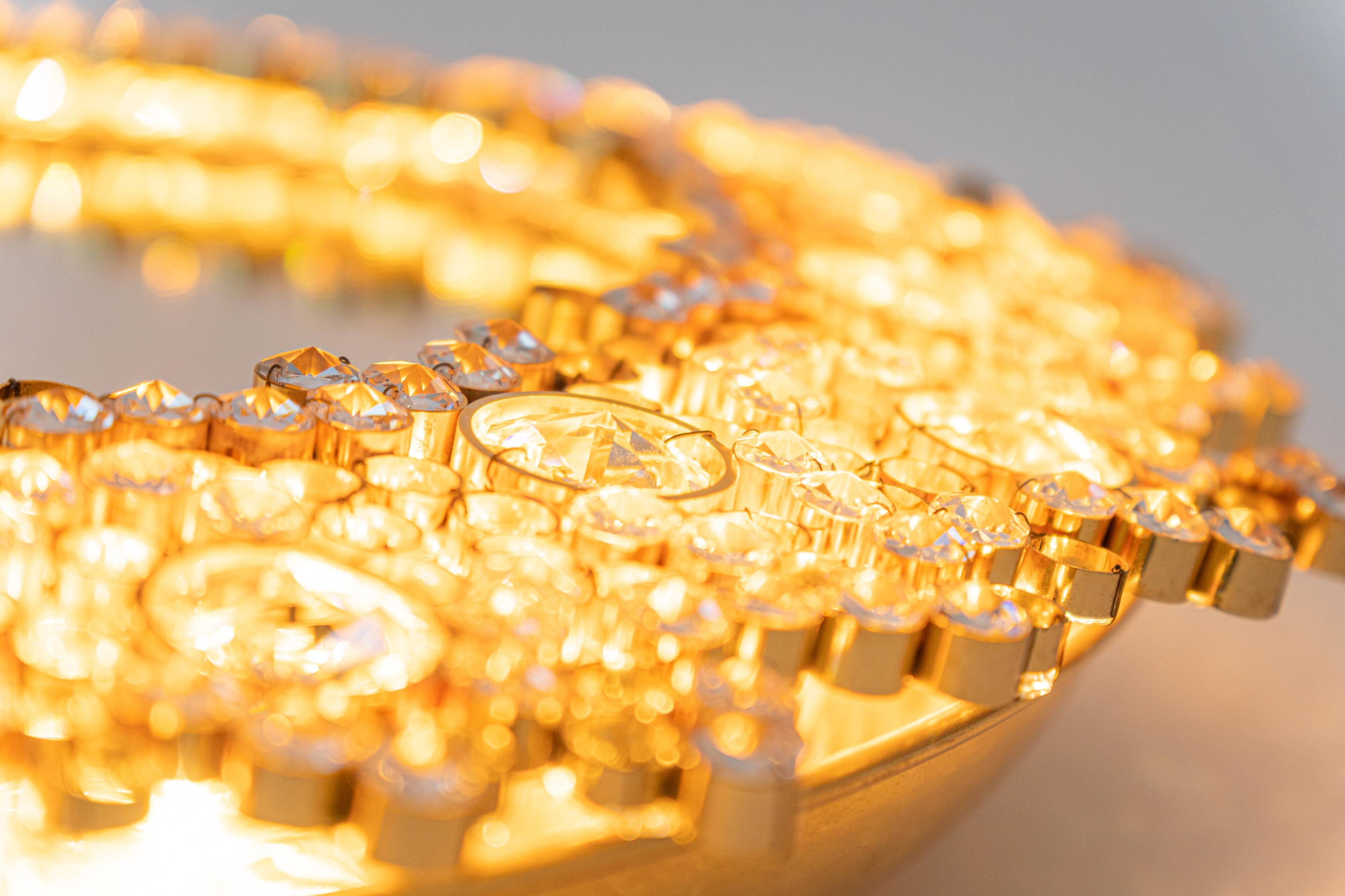 Spectacular backlit mirror in gilded brass and crystal glass by Palwa, Germany.