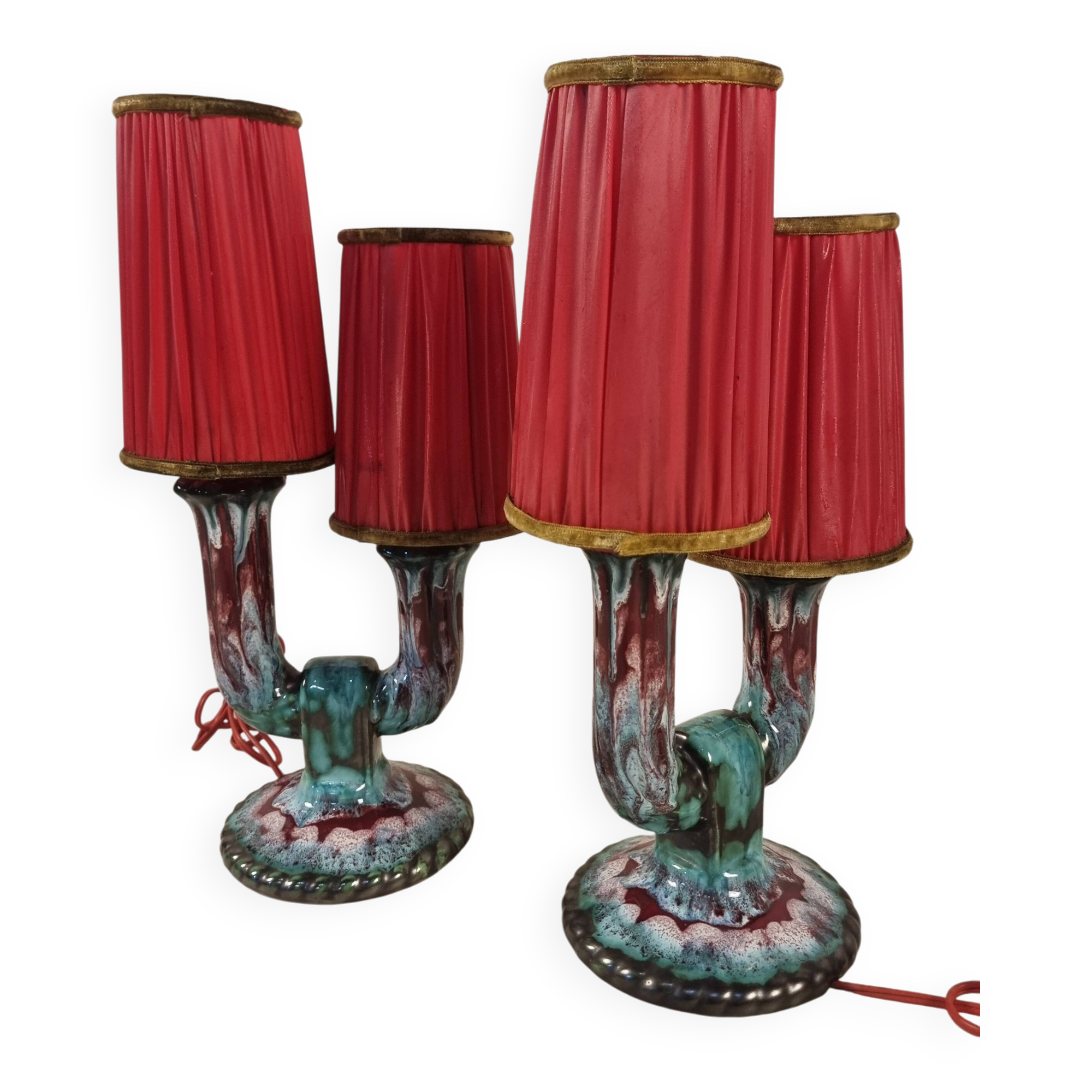 French Double Arm Longwy Pottery Enamel Table Lamps