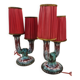 French Double Arm Longwy Pottery Enamel Table Lamps
