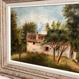 Old oil painting on cardboard landscape with house signed