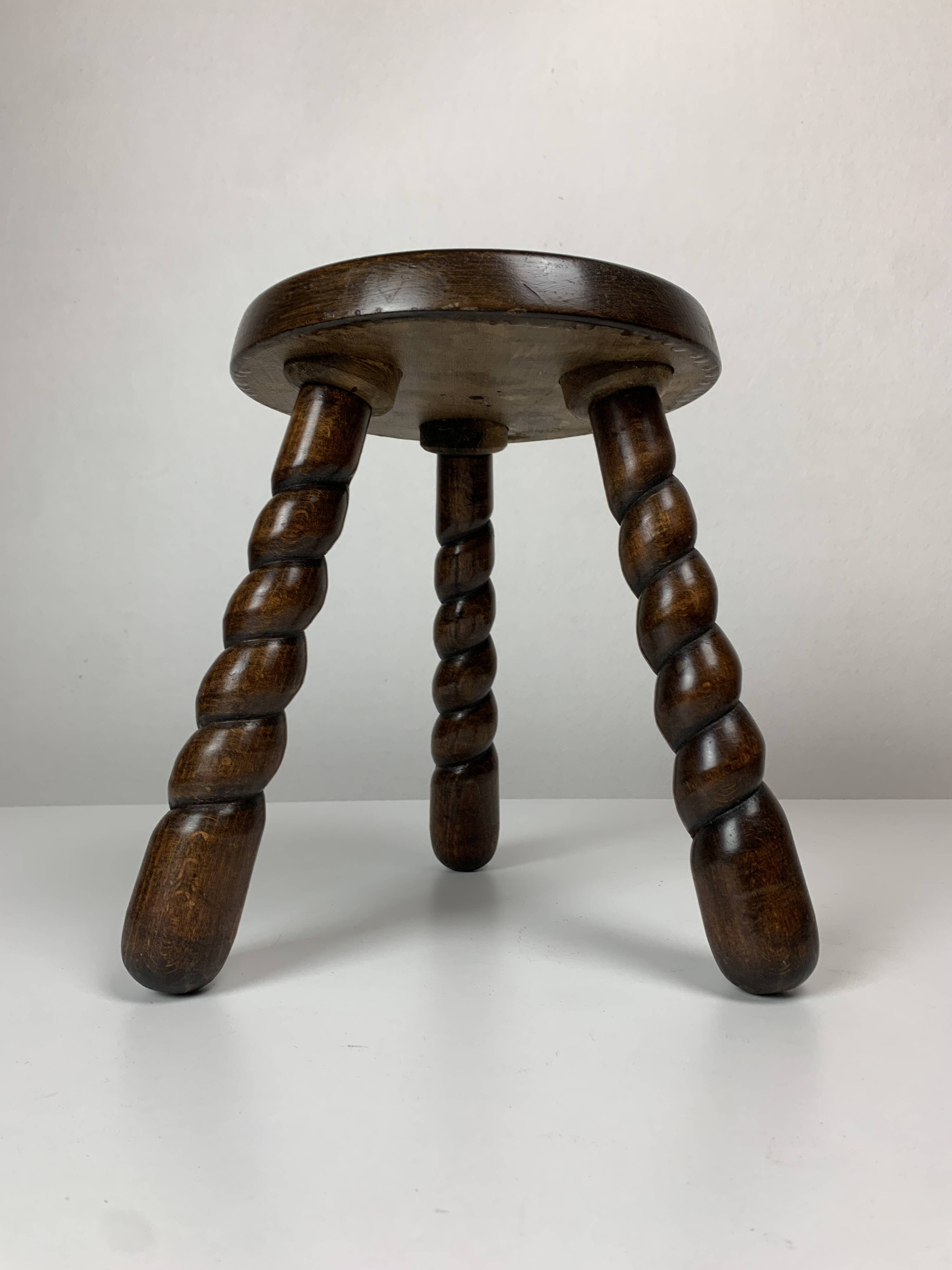 Pair of 2 midcentury brutalist modernist wood turned stools, ca 1950s
