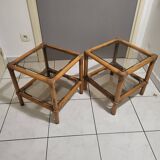 Table, side table in rattan and smoked glass from the 60s, vintage