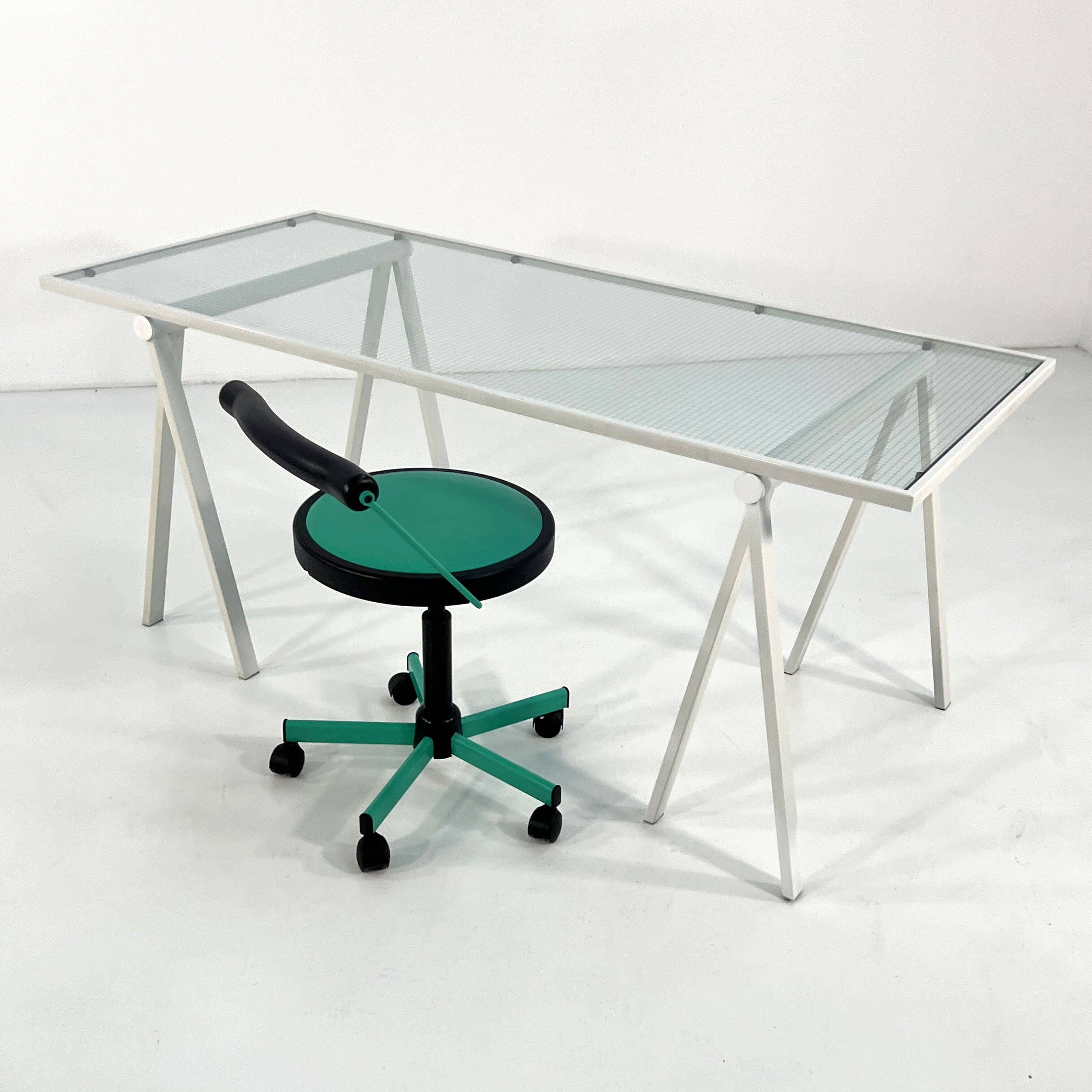 Glass and metal trestle desk by Rodney Kinsman for Bieffeplast, 80