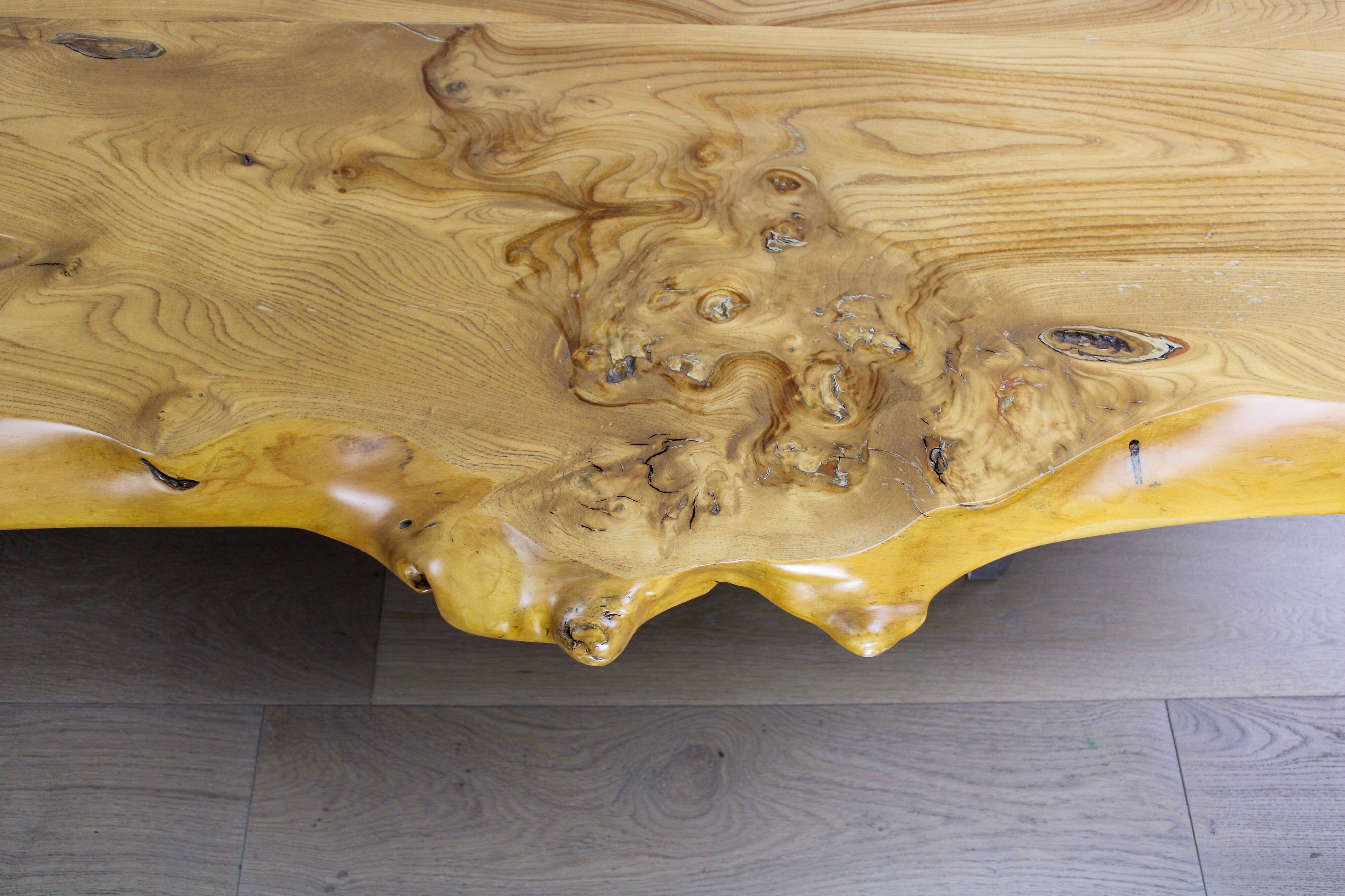 'Floating' mid-century Italian burr elm coffee table on Lucite blocks