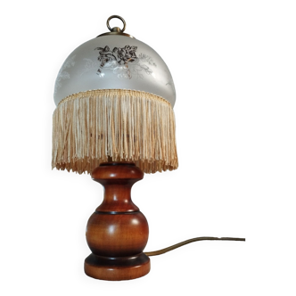Lampe de chevet/veilleuse bois, laiton, globe franges