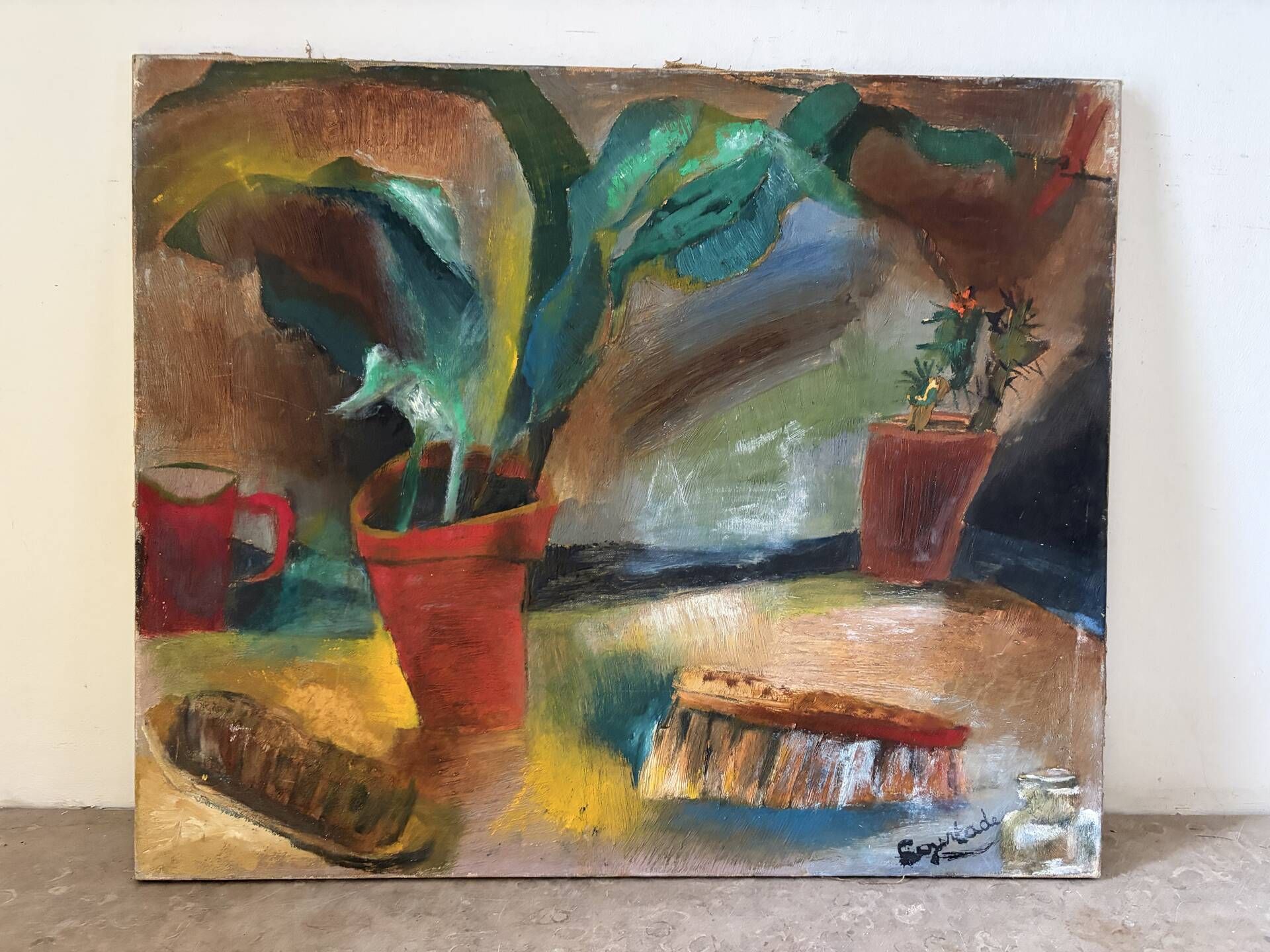 The repotting table, still life, oil on canvas.