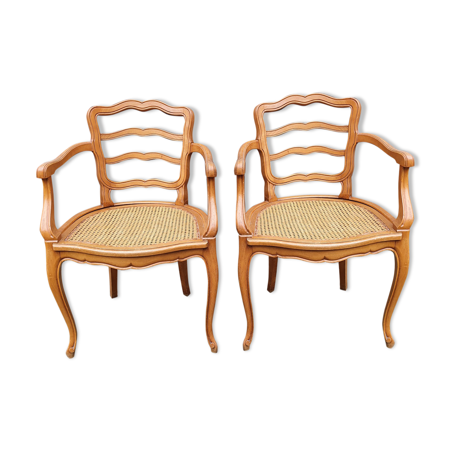 Pair of blond wood cane armchairs from the 60s